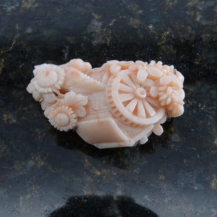 Antique chinoisiere 18k white gold carved coral watermill with peony flowers j. - Estate Fresh Austin