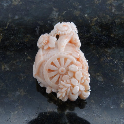 Antique chinoisiere 18k white gold carved coral watermill with peony flowers j. - Estate Fresh Austin
