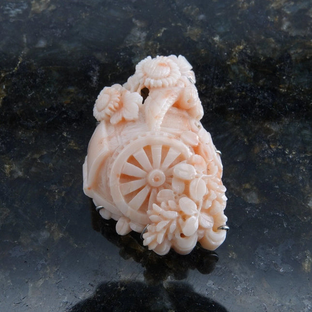 Antique chinoisiere 18k white gold carved coral watermill with peony flowers j. - Estate Fresh Austin