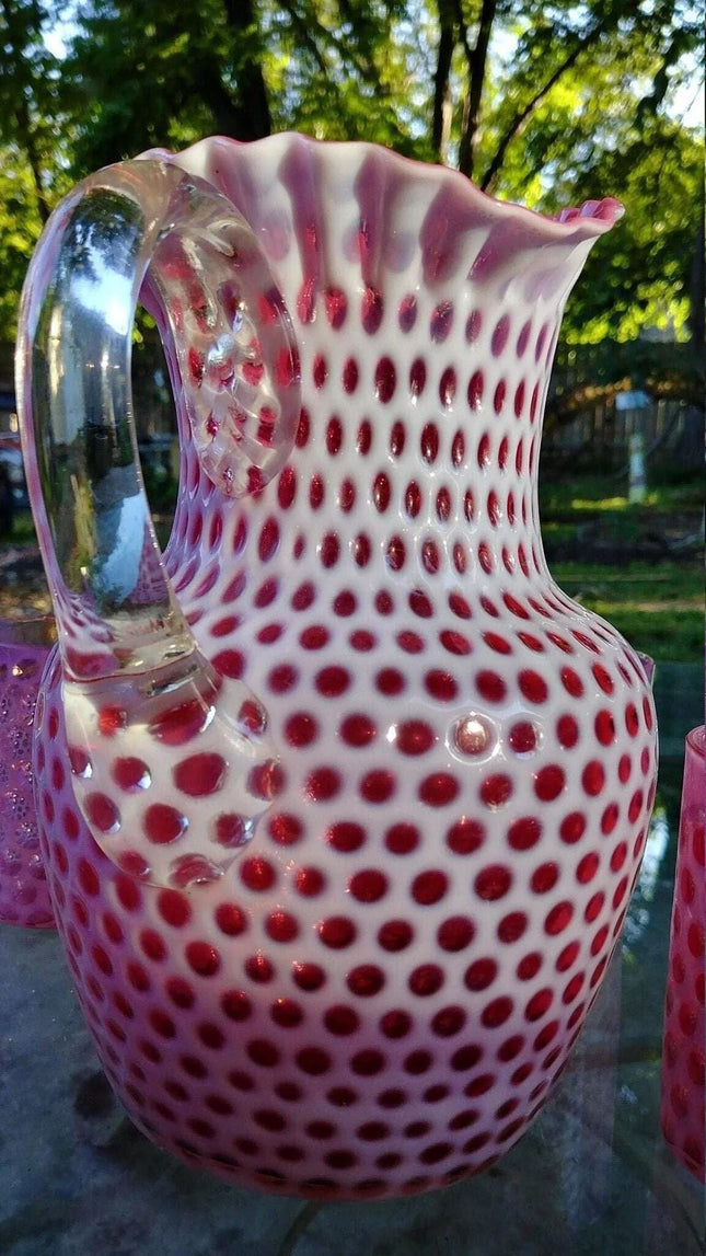 Antique Cranberry Opalescent Coinspot Pitcher and Tumbler Set c.1890-1900 Hobbs - Estate Fresh Austin