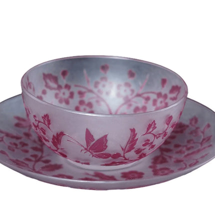 Antique English Cameo glass cup and saucer with butterfly/Chinoisiere decoration - Estate Fresh Austin