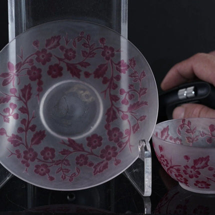 Antique English Cameo glass cup and saucer with butterfly/Chinoisiere decoration - Estate Fresh Austin