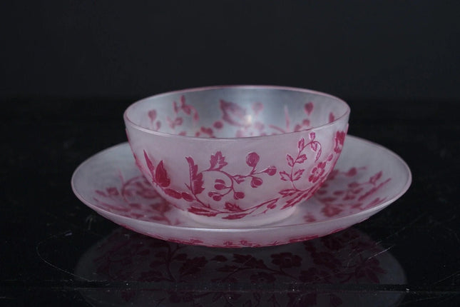 Antique English Cameo glass cup and saucer with butterfly/Chinoisiere decoration - Estate Fresh Austin