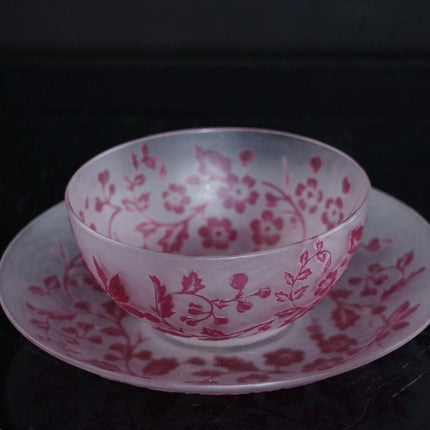 Antique English Cameo glass cup and saucer with butterfly/Chinoisiere decoration - Estate Fresh Austin