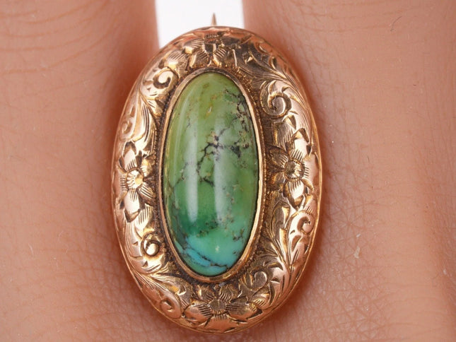 Antique Engraved 14k gold Turquoise pin - Estate Fresh Austin