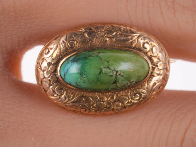 Antique Engraved 14k gold Turquoise pin - Estate Fresh Austin