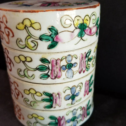 Antique Famille Rose Stacking box Set Teacher, Children, Double Happiness Qing - Estate Fresh Austin
