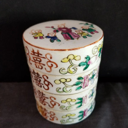 Antique Famille Rose Stacking box Set Teacher, Children, Double Happiness Qing - Estate Fresh Austin