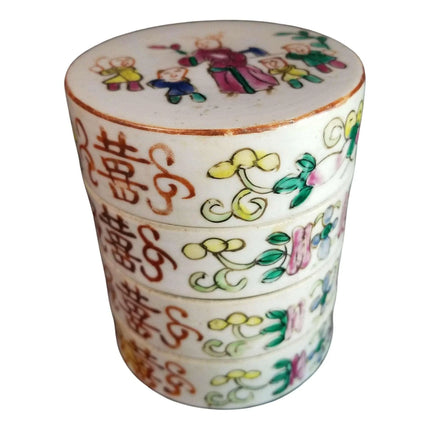 Antique Famille Rose Stacking box Set Teacher, Children, Double Happiness Qing - Estate Fresh Austin