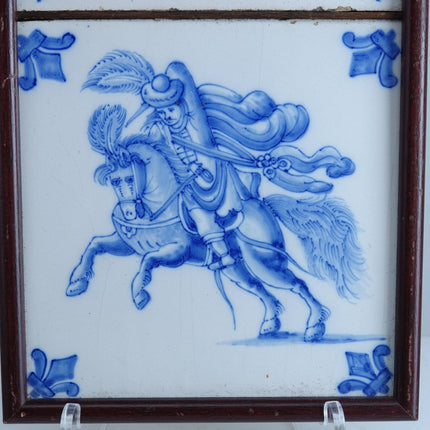 Antique French Faience/Delft Blue Hand Painted Horseman Tiles in Frame - Estate Fresh Austin