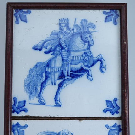 Antique French Faience/Delft Blue Hand Painted Horseman Tiles in Frame - Estate Fresh Austin