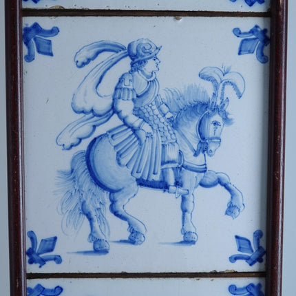 Antique French Faience/Delft Blue Hand Painted Horseman Tiles in Frame - Estate Fresh Austin