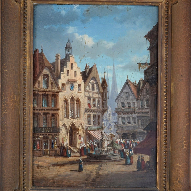 Antique French Oil on Board Town Square with Pharmacy Pharmacien - Estate Fresh Austin