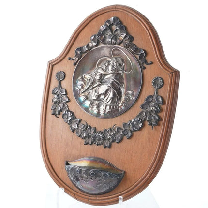 Antique French Sterling repousse Holy water font on wood - Estate Fresh Austin