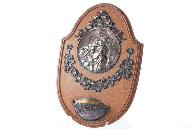 Antique French Sterling repousse Holy water font on wood - Estate Fresh Austin