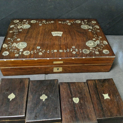 Antique Gambling Whist Set in Mother of Pearl Marquetry Box Nelson's Victory Cli - Estate Fresh Austin