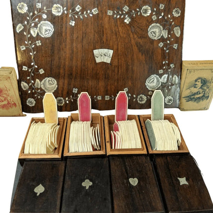 Antique Gambling Whist Set in Mother of Pearl Marquetry Box Nelson's Victory Cli - Estate Fresh Austin