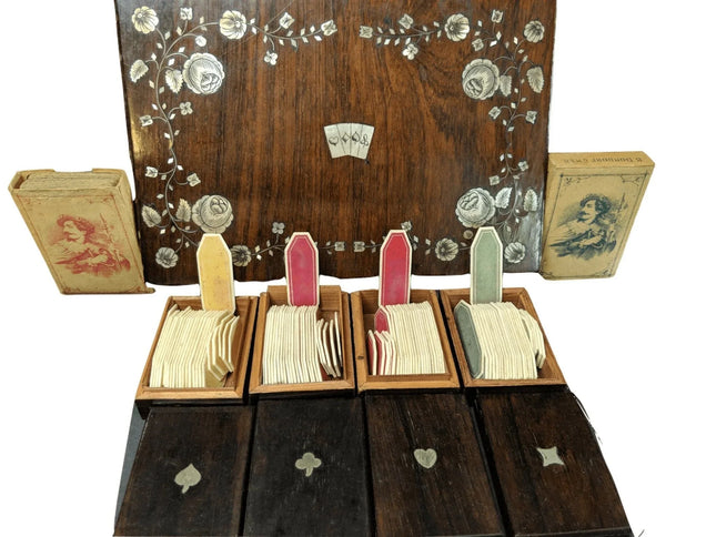 Antique Gambling Whist Set in Mother of Pearl Marquetry Box Nelson's Victory Cli - Estate Fresh Austin
