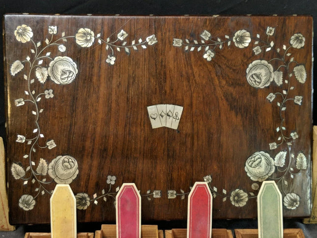 Antique Gambling Whist Set in Mother of Pearl Marquetry Box Nelson's Victory Cli - Estate Fresh Austin
