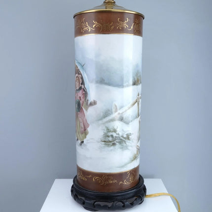 Antique Hand Painted Limoges Lamp Mothers and Daughters and Children in the Snow - Estate Fresh Austin