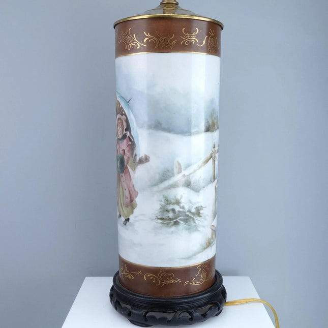 Antique Hand Painted Limoges Lamp Mothers and Daughters and Children in the Snow - Estate Fresh Austin