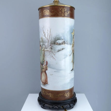 Antique Hand Painted Limoges Lamp Mothers and Daughters and Children in the Snow - Estate Fresh Austin