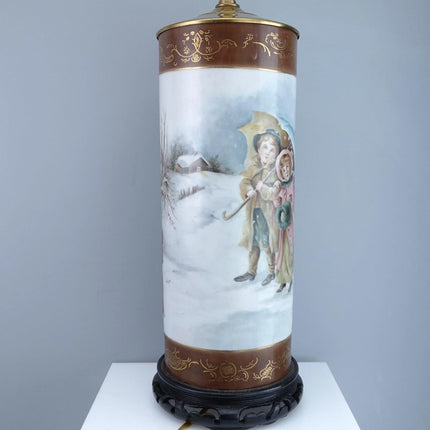 Antique Hand Painted Limoges Lamp Mothers and Daughters and Children in the Snow - Estate Fresh Austin