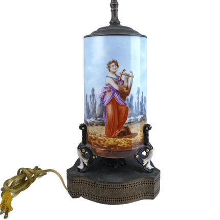 Antique Hand Painted Limoges Lamp w/Neoclassical Woman Playing Lyre - Estate Fresh Austin