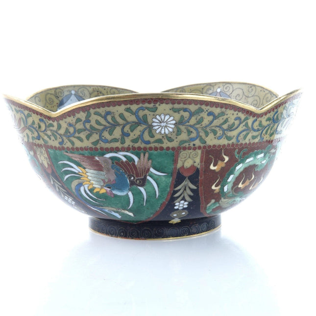 Antique Inaba Signed Japanese Cloisonne bowl with dragons and Roosters - Estate Fresh Austin