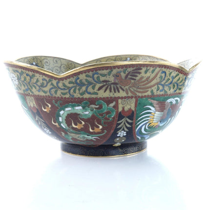 Antique Inaba Signed Japanese Cloisonne bowl with dragons and Roosters - Estate Fresh Austin