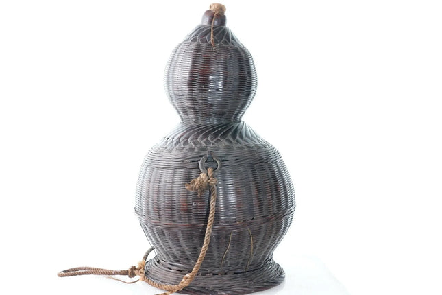 Antique Japanese Calabash Sake Bottle Hyotan Natural Gourd with Woven basket ext - Estate Fresh Austin