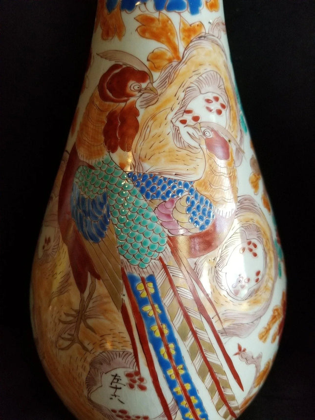 Antique Japanese Signed Kutani Vases Birds of Paradise Huge 15" tall x 6" wide 1 - Estate Fresh Austin