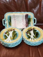 Antique Majolica Asparagus Serving Set with Basketweave Border 9 pc c.1890 - Estate Fresh Austin