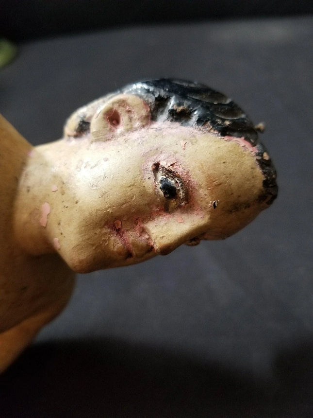 Antique Santos Figure Doll Carved Wood Polychrome Glass Eyes 18th-19th century - Estate Fresh Austin