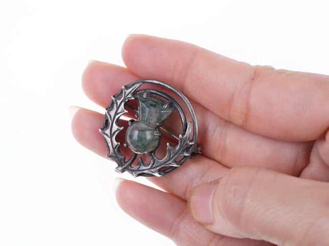 Antique Scottish Sterling Moss agate kilt pin/ Thistle brooch 1.25" wide pin - Estate Fresh Austin