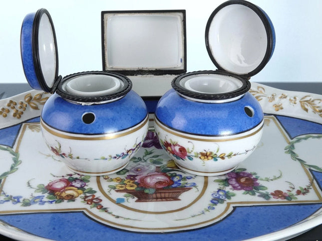 Antique Sevres Style French Porcelain Inkwells/tray/Match box - Estate Fresh Austin