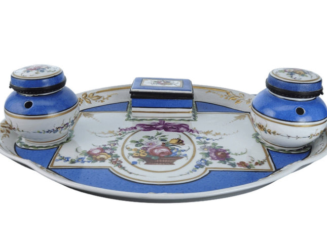 Antique Sevres Style French Porcelain Inkwells/tray/Match box - Estate Fresh Austin