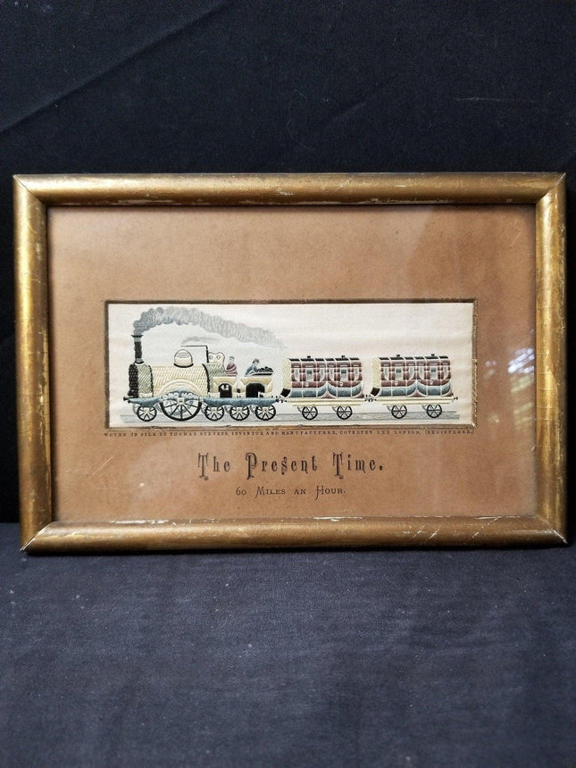 Antique Steam Locomotive Stevengraph Pure Silk Woven Picture "The Present Time" - Estate Fresh Austin