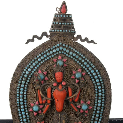 Antique Tibetan Chenrezig Buddha Coral/glass inlaid metal shrine - Estate Fresh Austin
