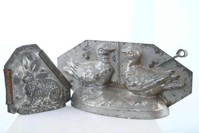Antique Tin Chocolate molds 2 Turtle Doves and Rabbit - Estate Fresh Austin