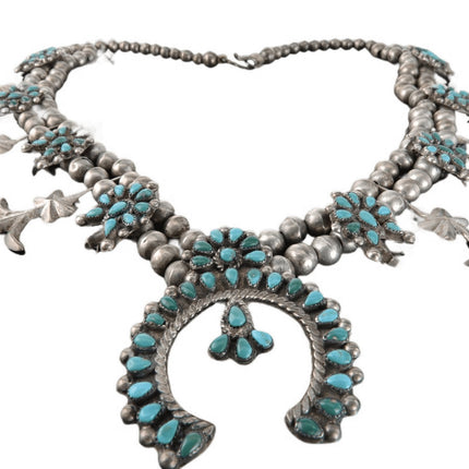 Antique Zuni Petit Point Sterling and Turquoise squash blossom necklace - Estate Fresh Austin