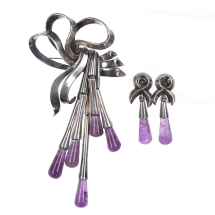 Antonio Pineda (1919 - 2009) Taxco articulating silver and amethyst pin/earrings - Estate Fresh Austin