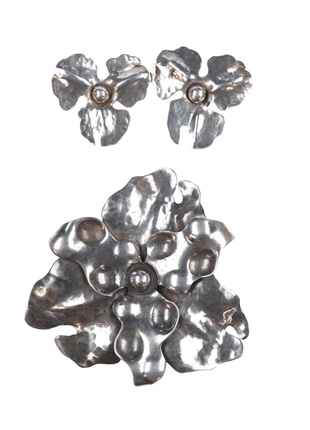 Antonio Pineda (1919 - 2009) Taxco Hammered silver pin and earrings set - Estate Fresh Austin