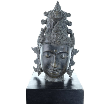 Archaistic Bronze Buddha Head Likely Tibetan with Skull on hat - Estate Fresh Austin