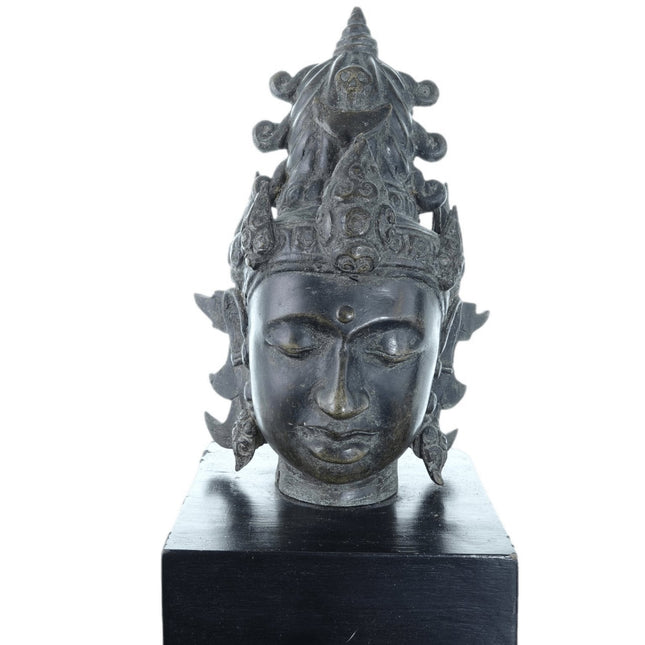 Archaistic Bronze Buddha Head Likely Tibetan with Skull on hat - Estate Fresh Austin