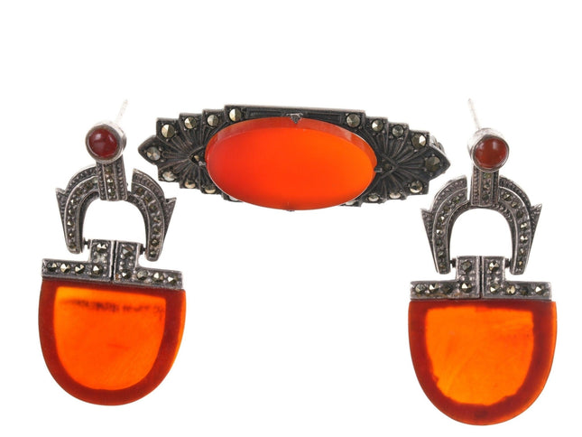 Art Deco Sterling Carnelian/Marcasite Brooch and earrings pin - Estate Fresh Austin