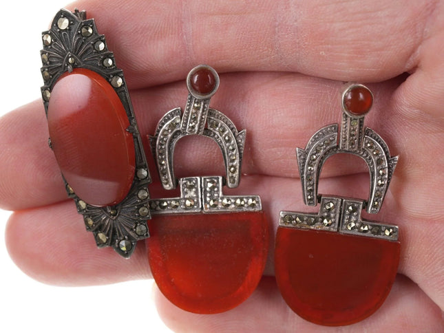 Art Deco Sterling Carnelian/Marcasite Brooch and earrings pin - Estate Fresh Austin