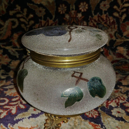 Art Glass Dresser Jar Coralene with hand painted berries Gold Accents with gilt - Estate Fresh Austin