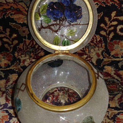 Art Glass Dresser Jar Coralene with hand painted berries Gold Accents with gilt - Estate Fresh Austin