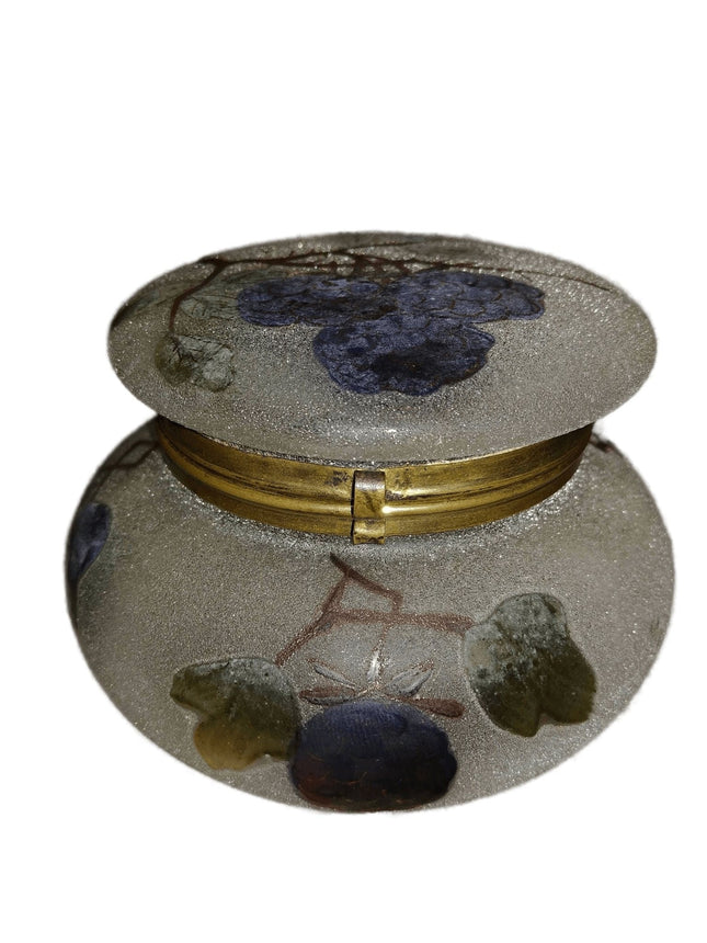 Art Glass Dresser Jar Coralene with hand painted berries Gold Accents with gilt - Estate Fresh Austin